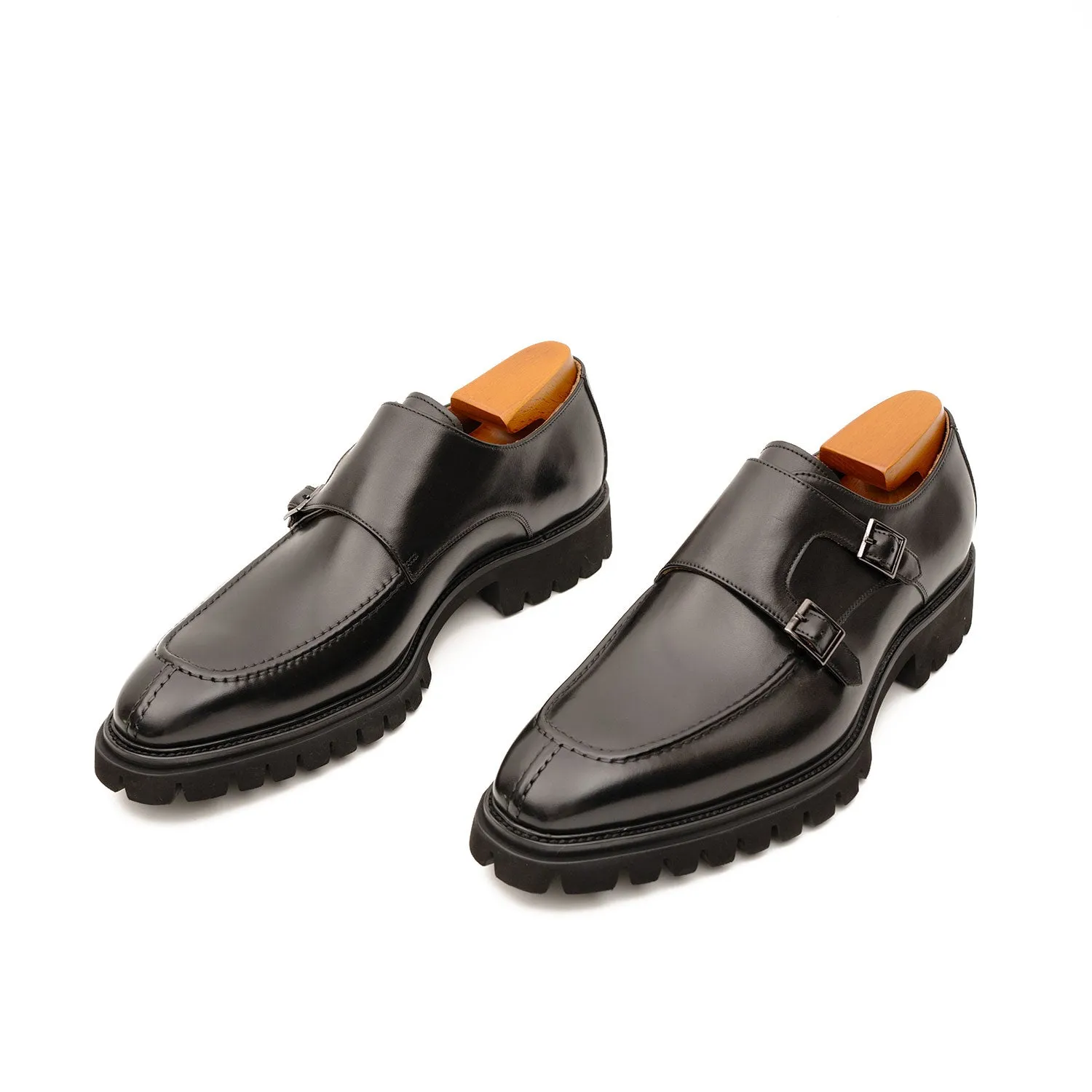 Black Double Monk Strap Leather Shoes