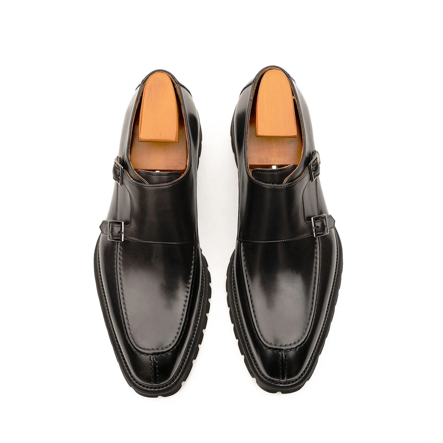 Black Double Monk Strap Leather Shoes