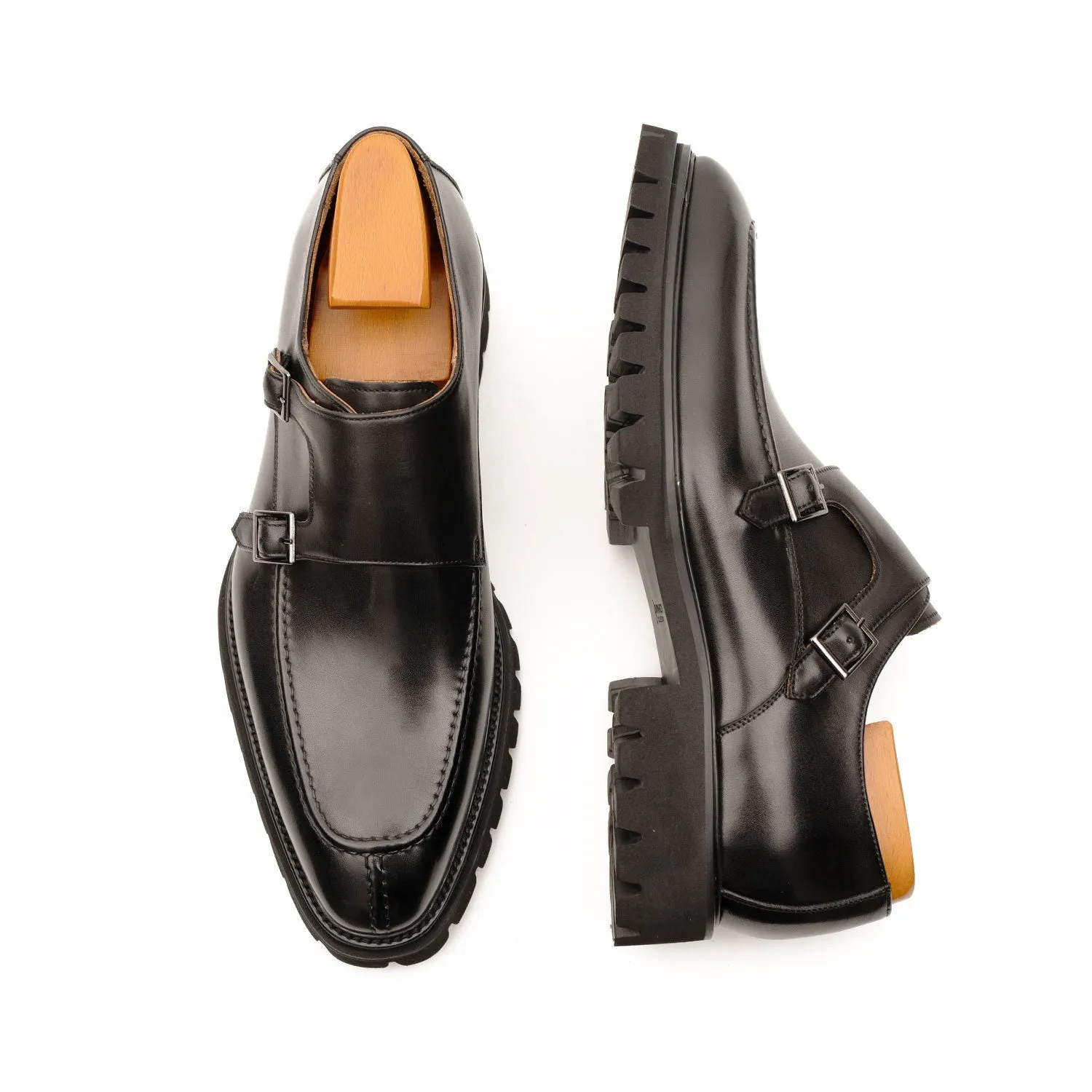 Black Double Monk Strap Leather Shoes