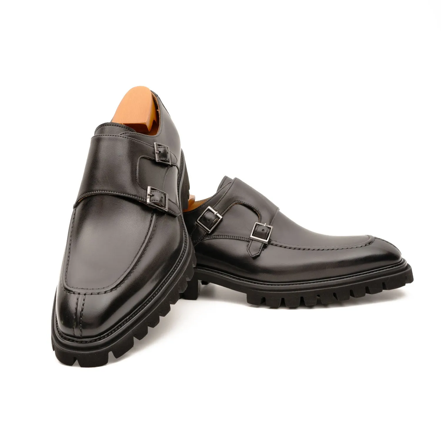 Black Double Monk Strap Leather Shoes