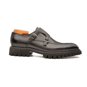 Black Double Monk Strap Leather Shoes