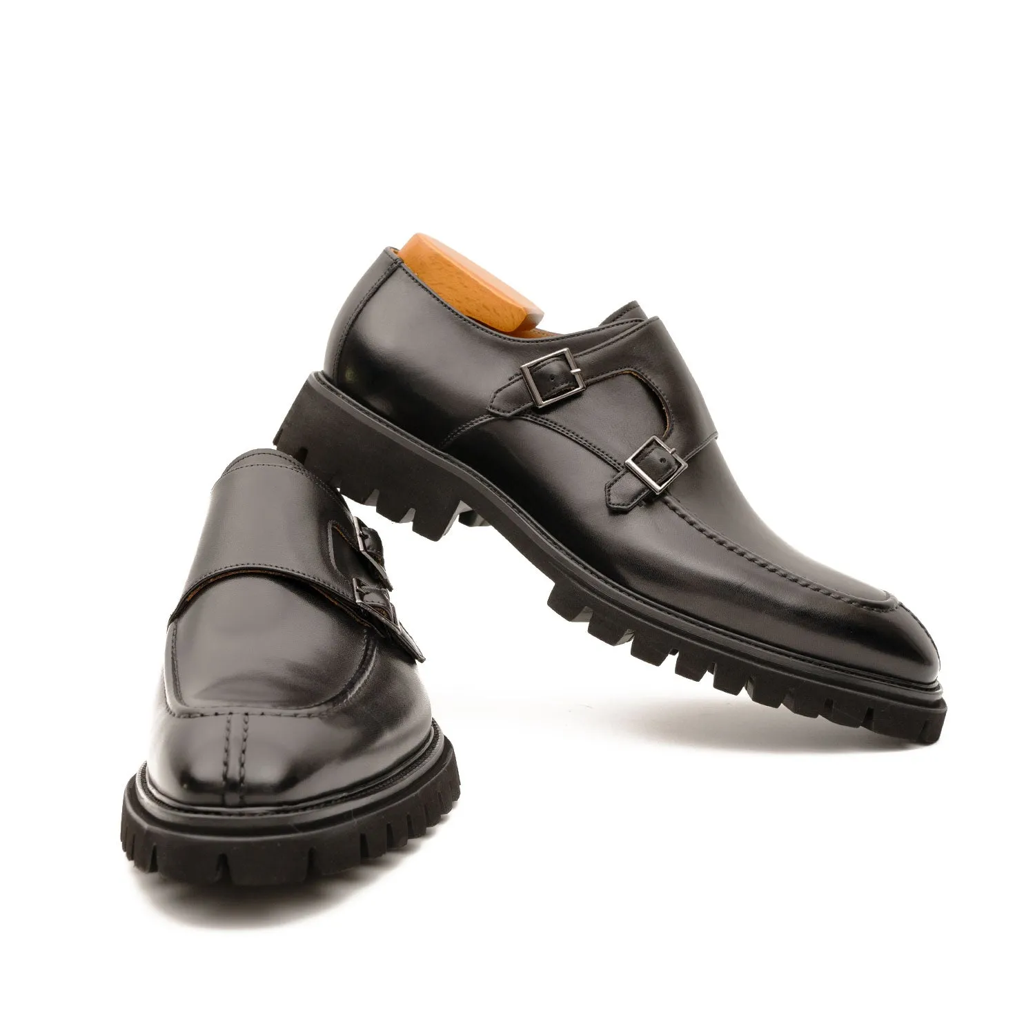 Black Double Monk Strap Leather Shoes