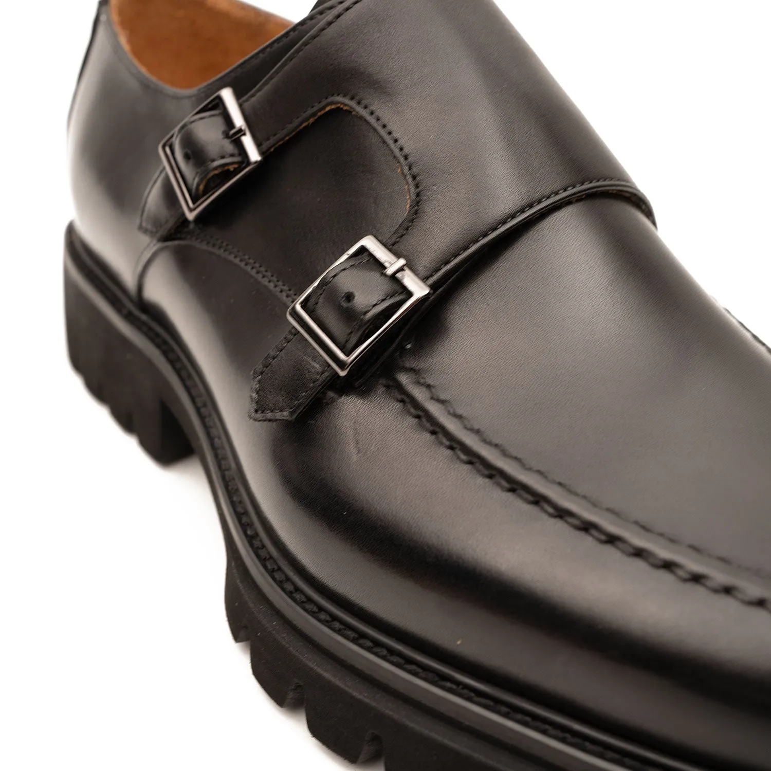 Black Double Monk Strap Leather Shoes