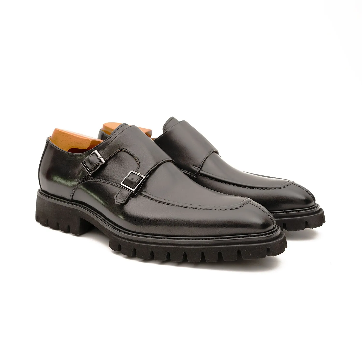 Black Double Monk Strap Leather Shoes