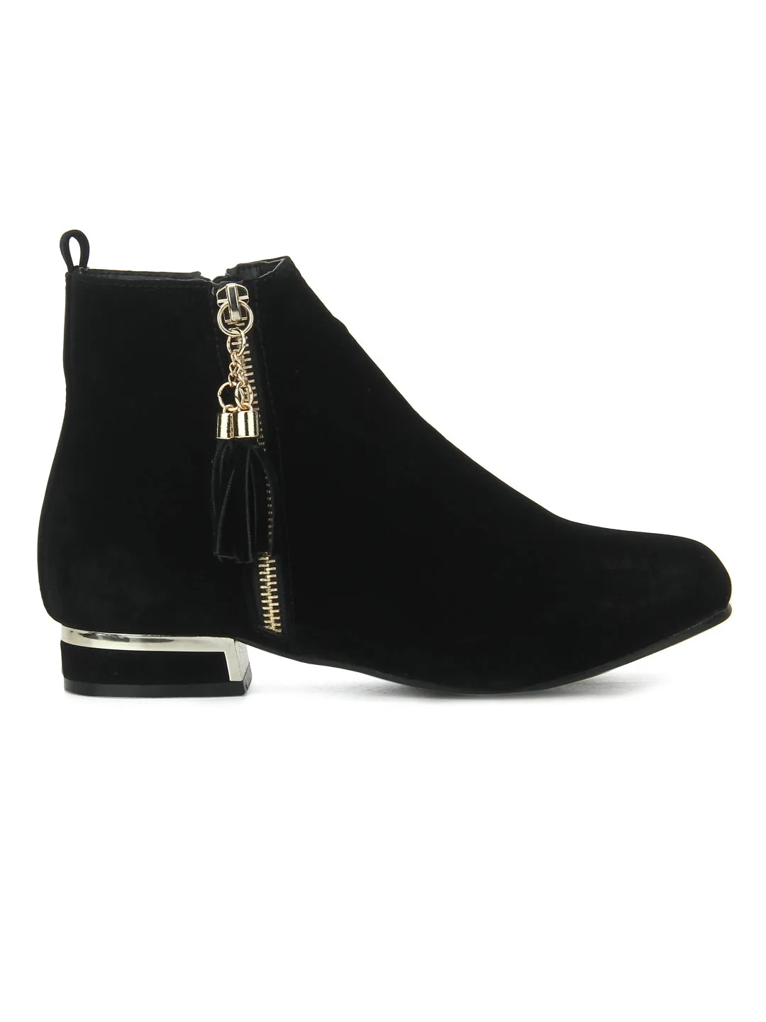 Black Microfibretassled Flat Ankle Boots