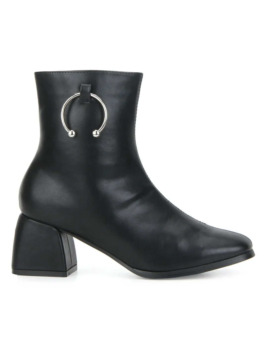 Black PU Round Buckle Block Heel Ankle Boots