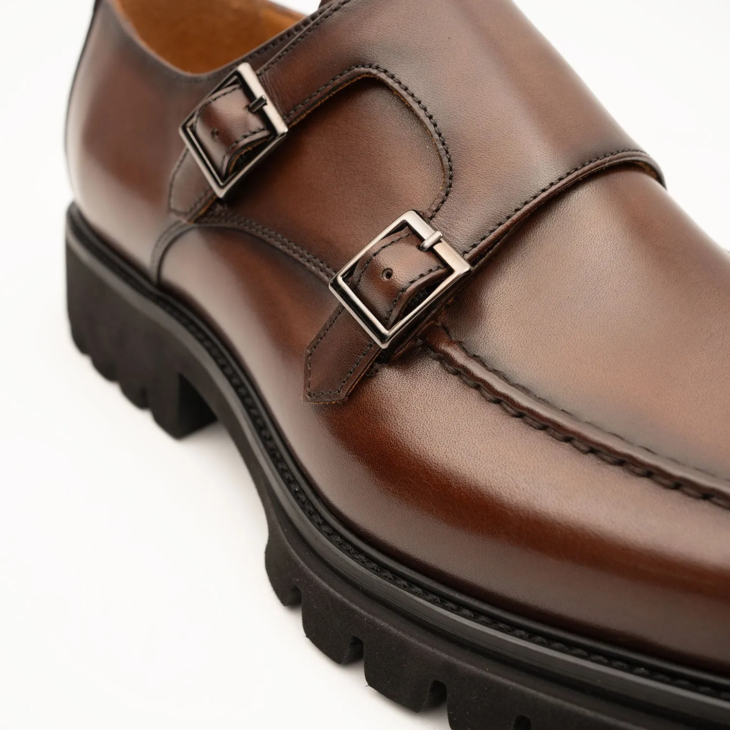 Brown Double Monk Strap Leather Shoes