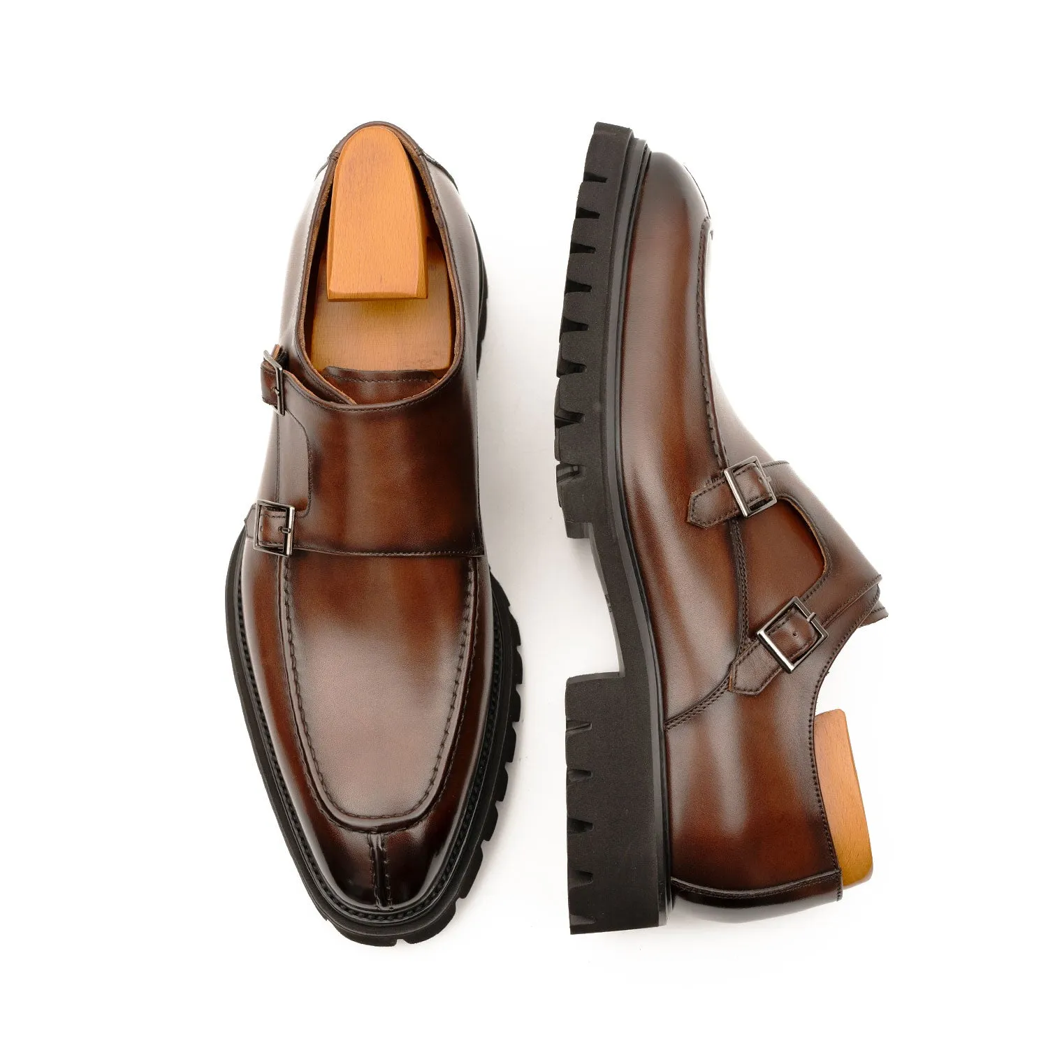 Brown Double Monk Strap Leather Shoes