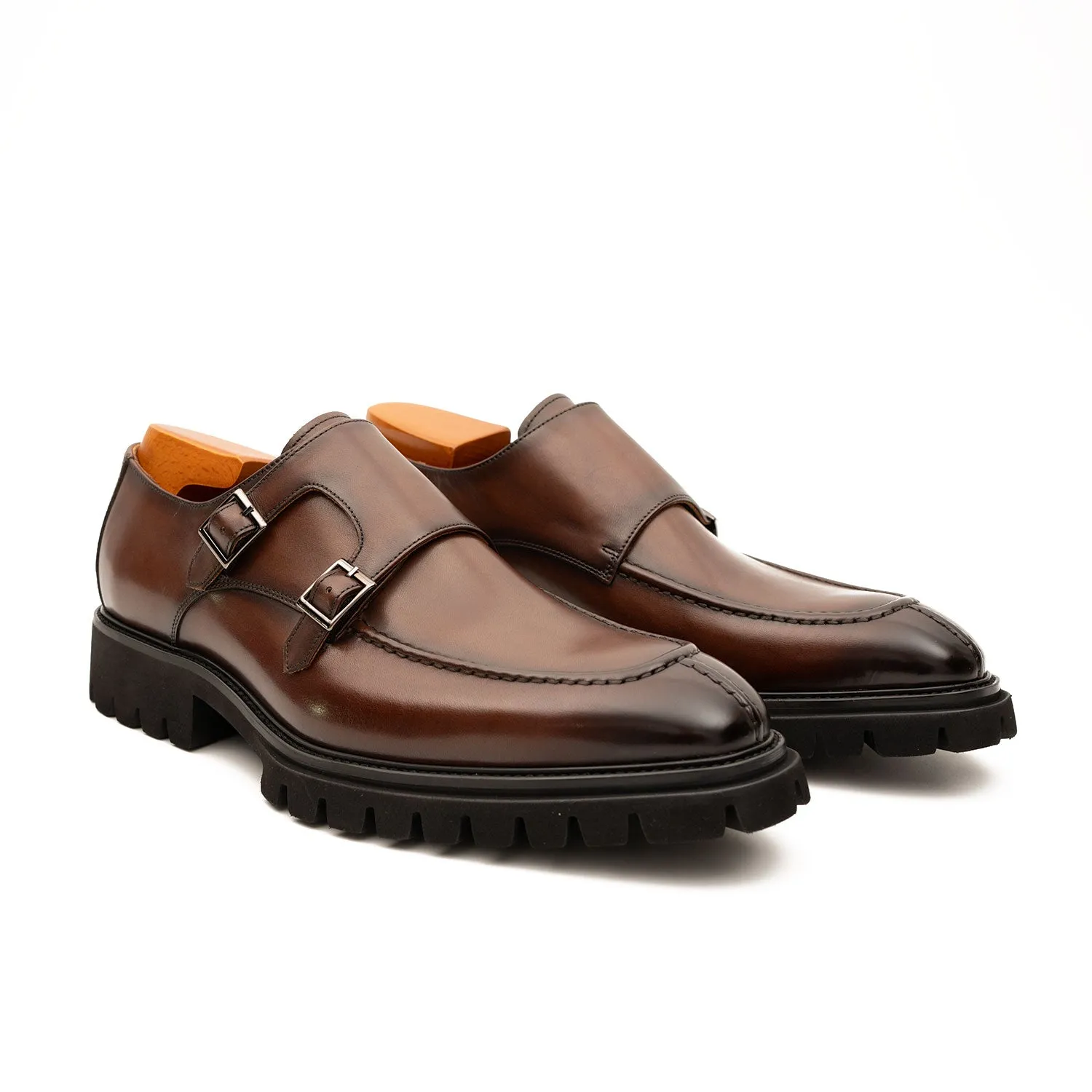 Brown Double Monk Strap Leather Shoes