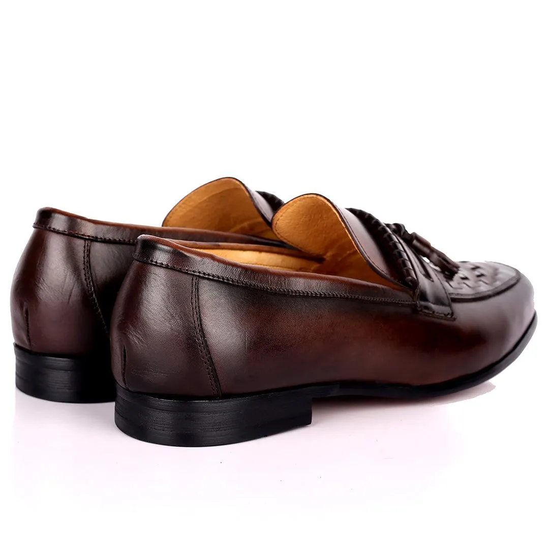 Gian Elegant Checkers And Fringe Designed Loafers Shoe - Coffee