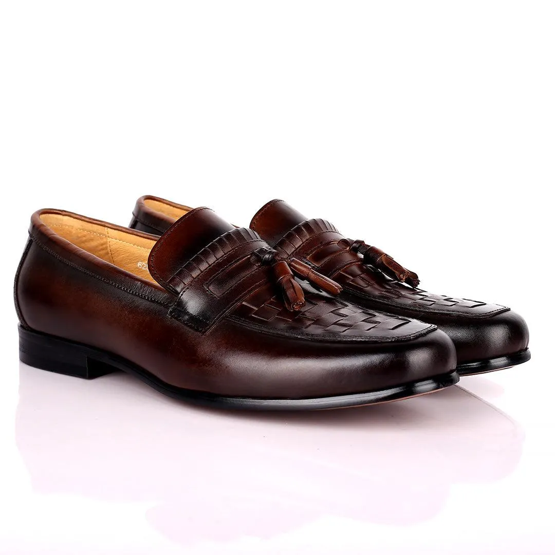 Gian Elegant Checkers And Fringe Designed Loafers Shoe - Coffee