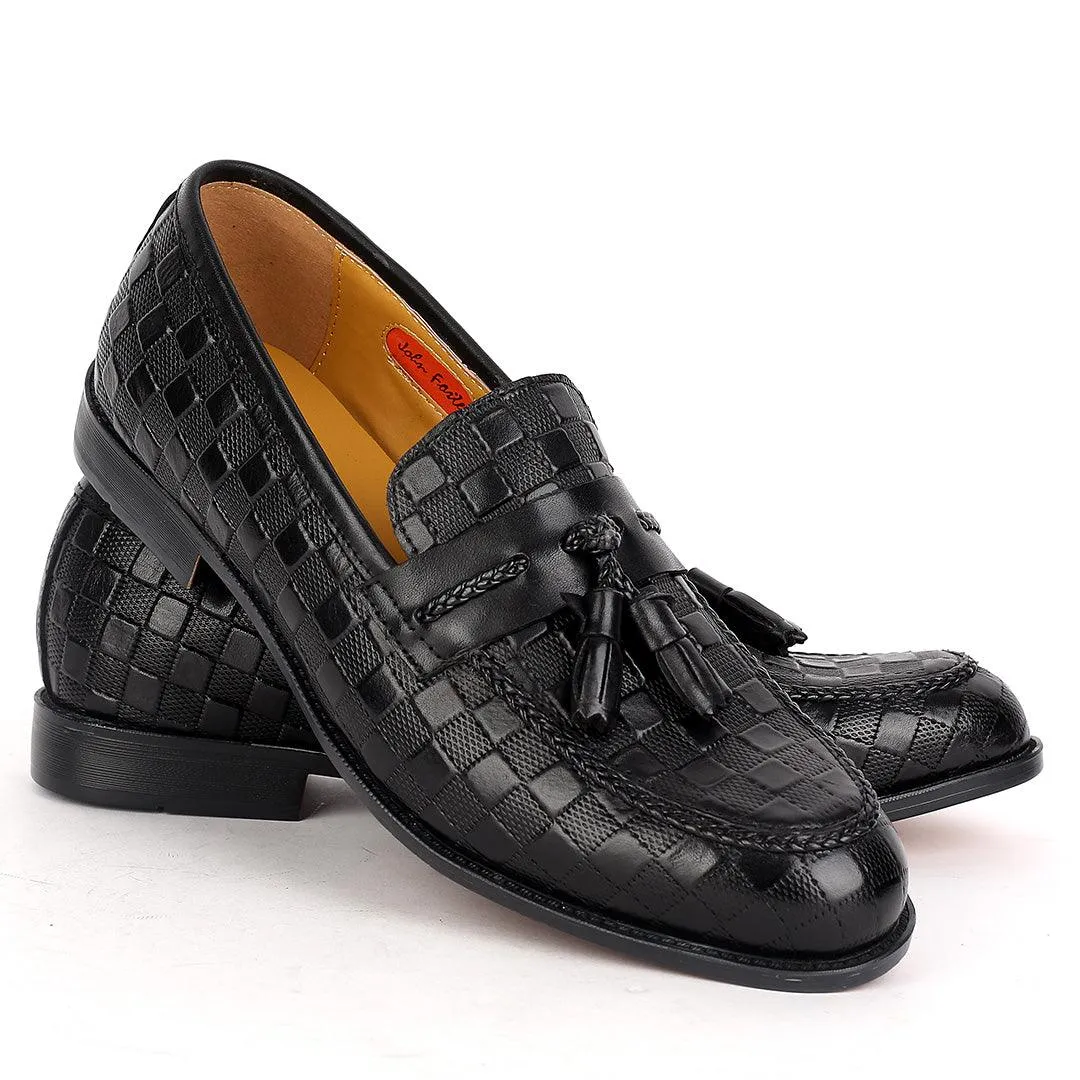 John Foster  Full Checkered Leather Belt Tassels Designed-Black