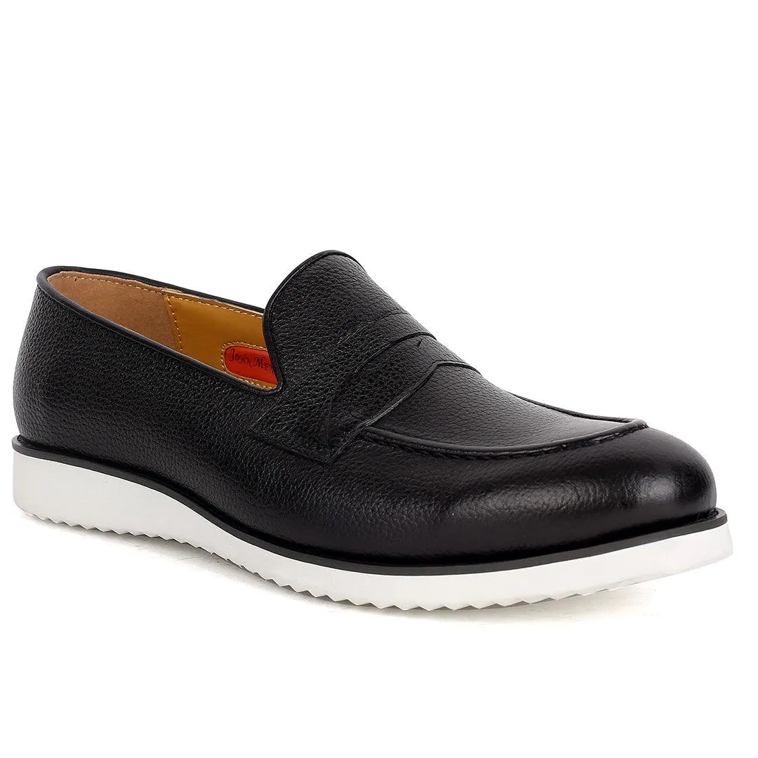 John Mendson Classic Black Leather Shoe With White Solid Sole