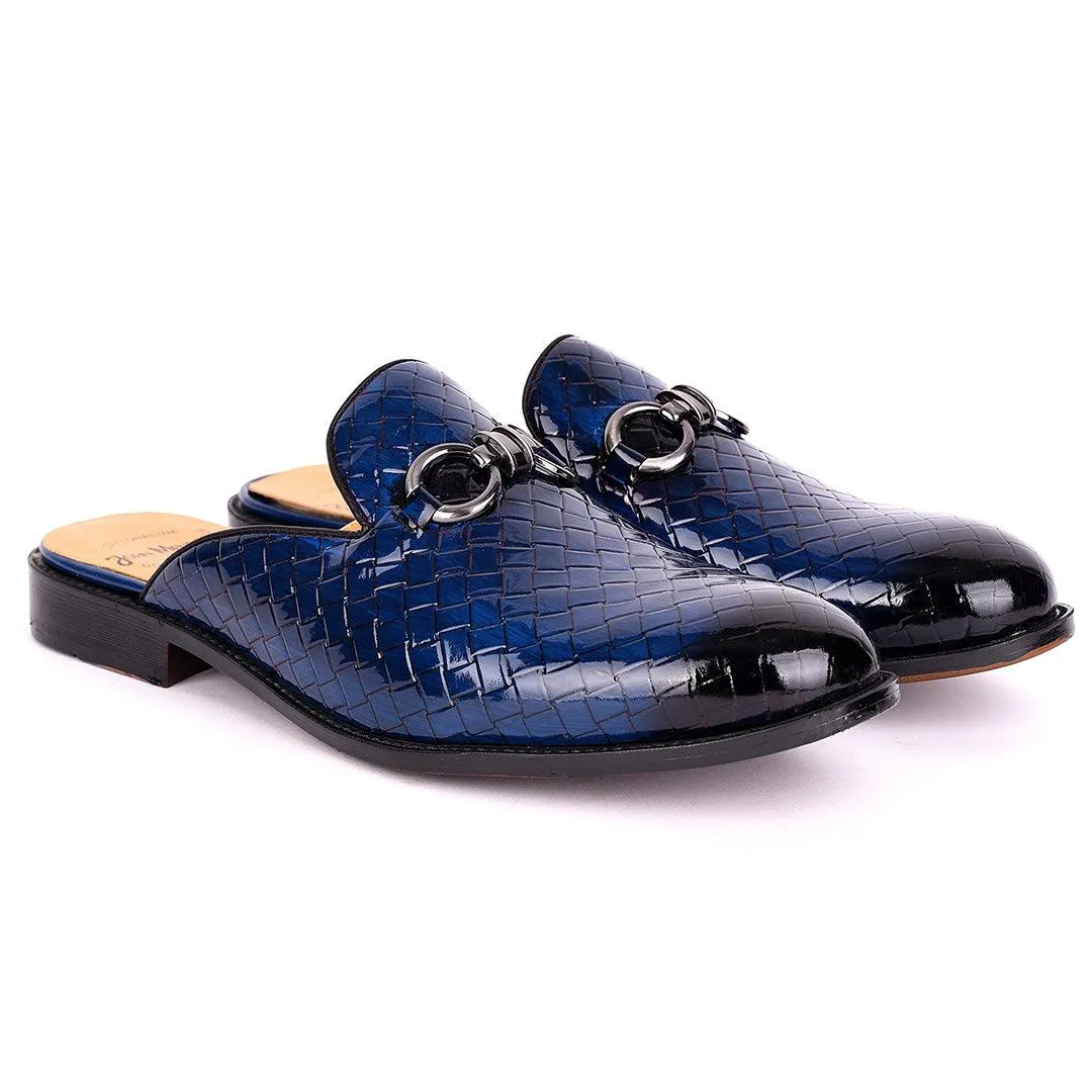 John Mendson Silver Chain Design Glossy Croc Leather Men's Half Shoe- Blue