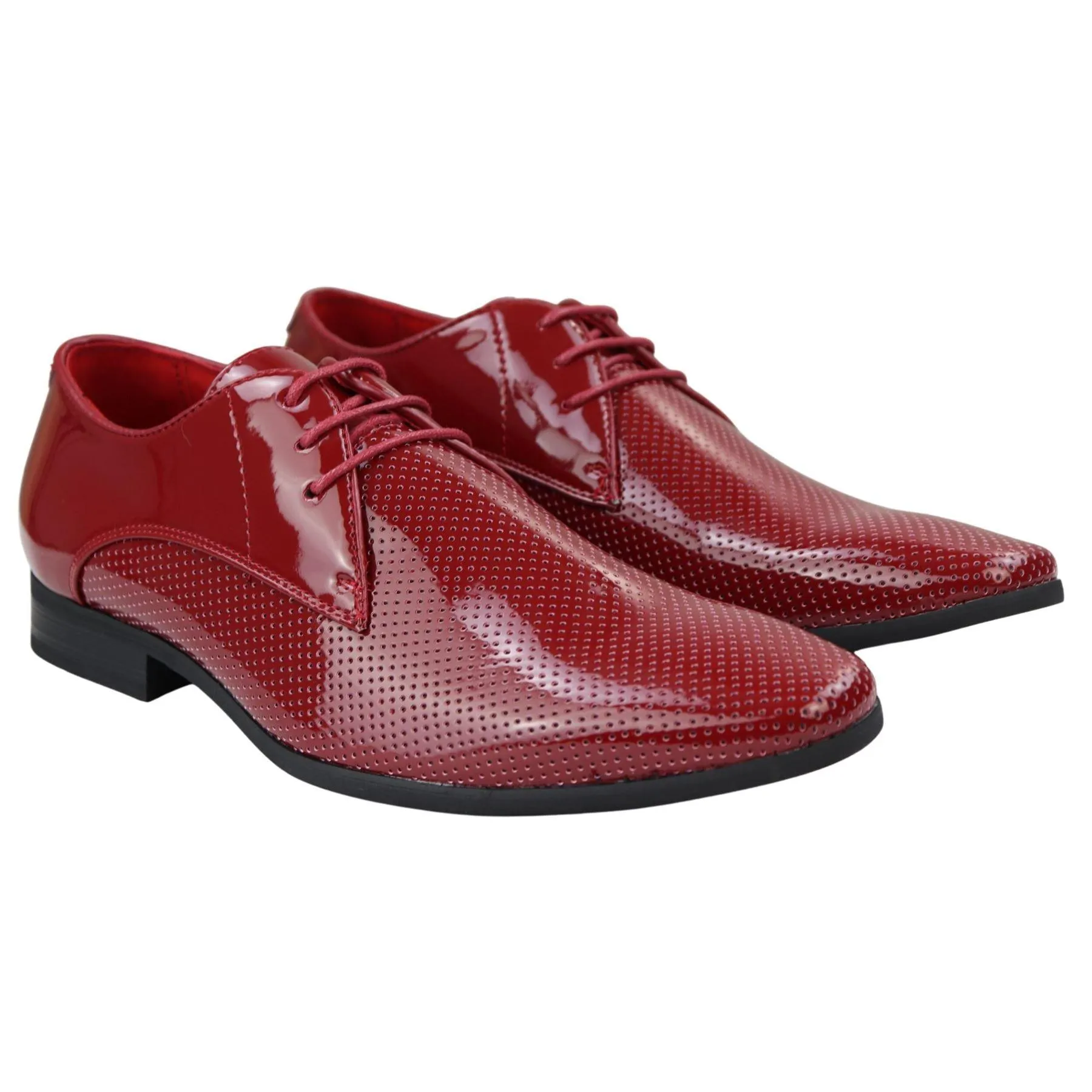 Mens Shoes Smart Formal Perforated Pointed Laced Black Red White Patent Leather PU