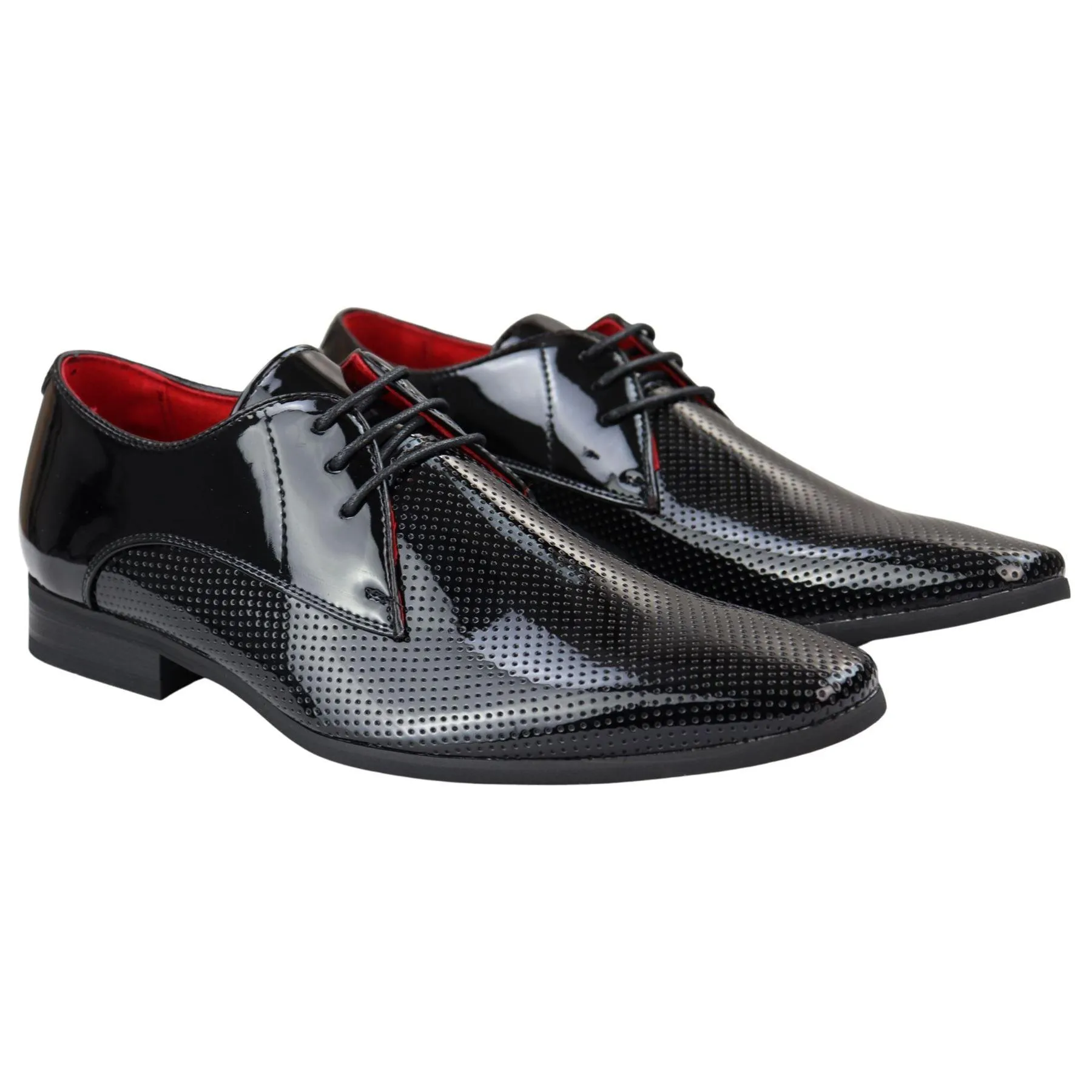 Mens Shoes Smart Formal Perforated Pointed Laced Black Red White Patent Leather PU