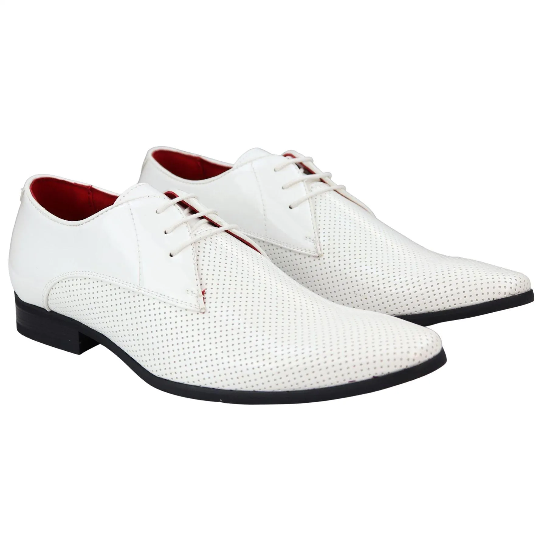 Mens Shoes Smart Formal Perforated Pointed Laced Black Red White Patent Leather PU