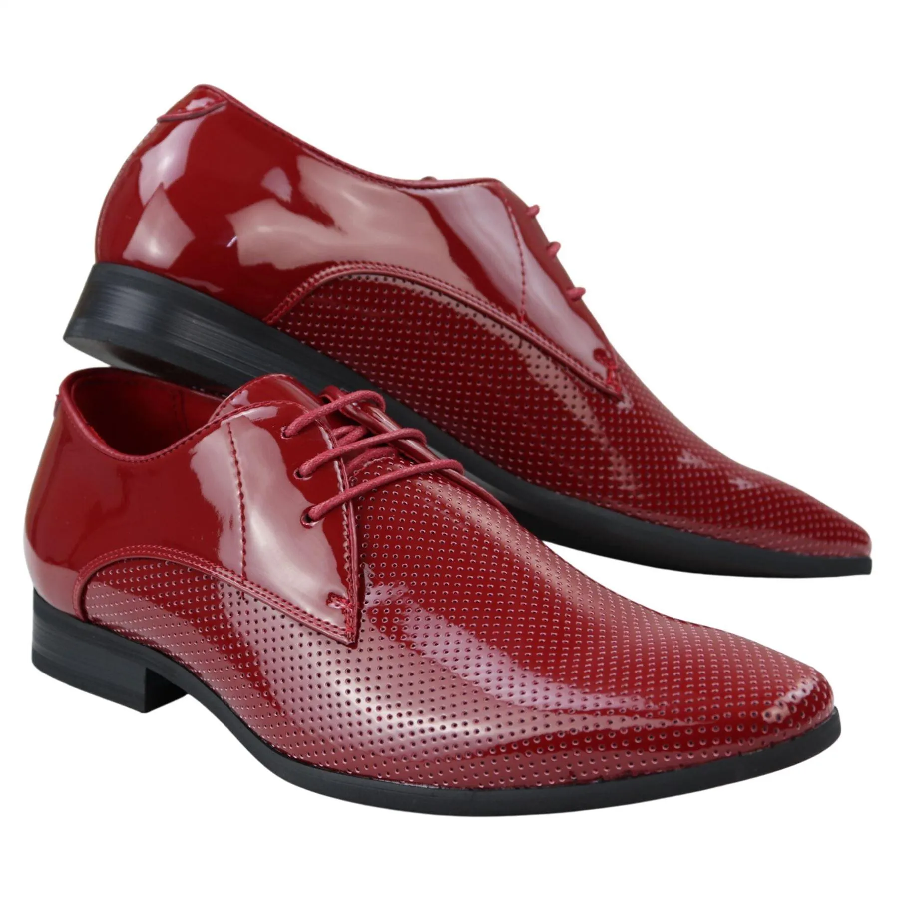 Mens Shoes Smart Formal Perforated Pointed Laced Black Red White Patent Leather PU