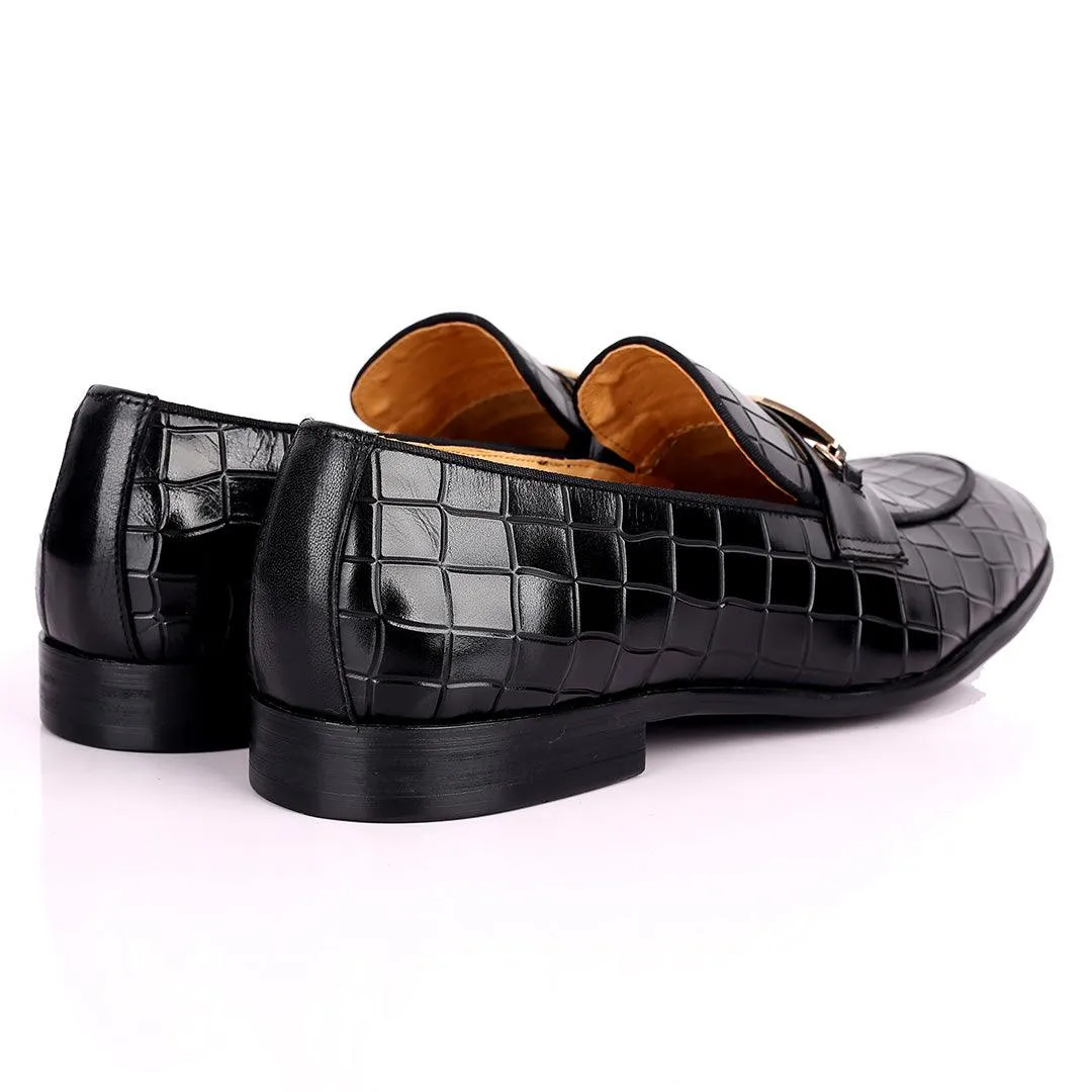 Prad Superlative Croc Leather With Gold Designed Shoe - Black