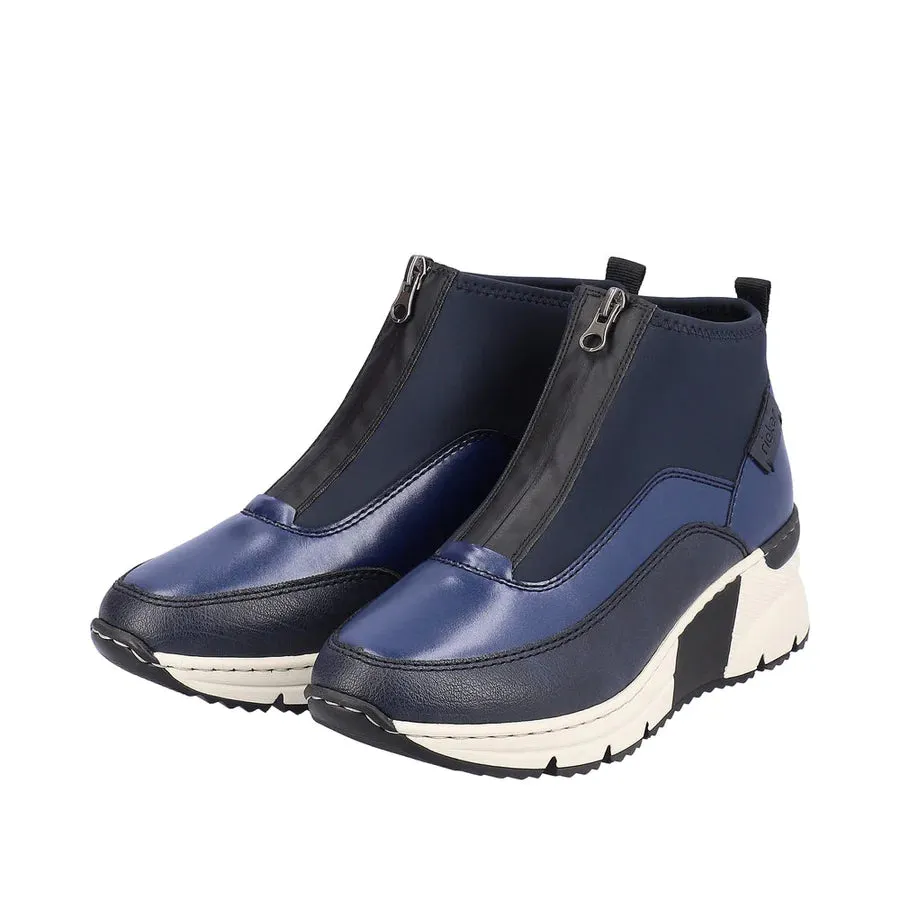 Rieker N6352-14 Navy And White Wedge Ankle Zip Front Trainer Boots