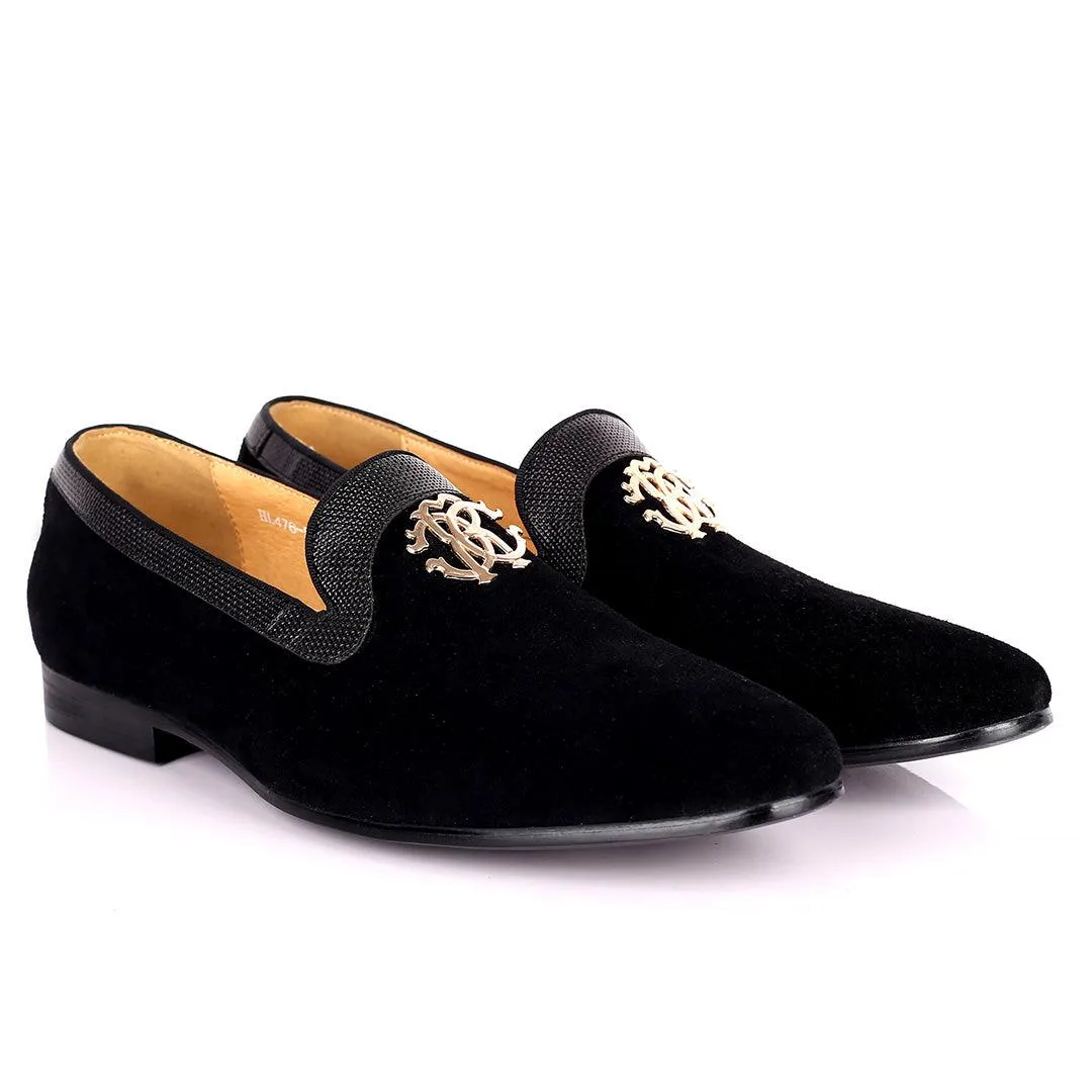 Robert Exquisite Gold Logo Designed Black Suede Shoe